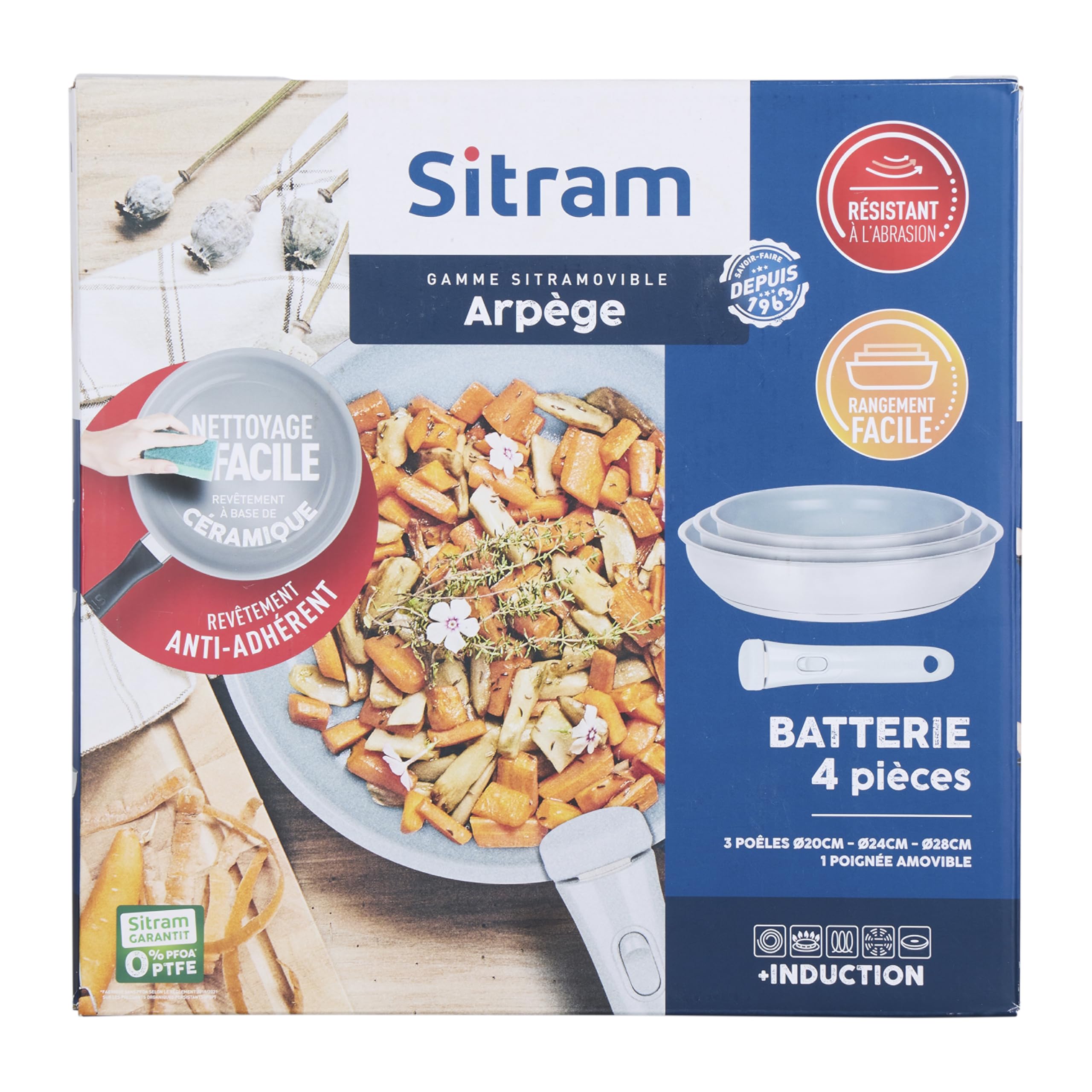 Sitram 716941 - Set di 3 padelle in acciaio inossidabile, gamma ARPEGE, Ø 20,24,28 cm, rivestimento antiaderente in ceramica effetto pietra, manico rimovibile - tutti i fuochi, inclusa l'induzione