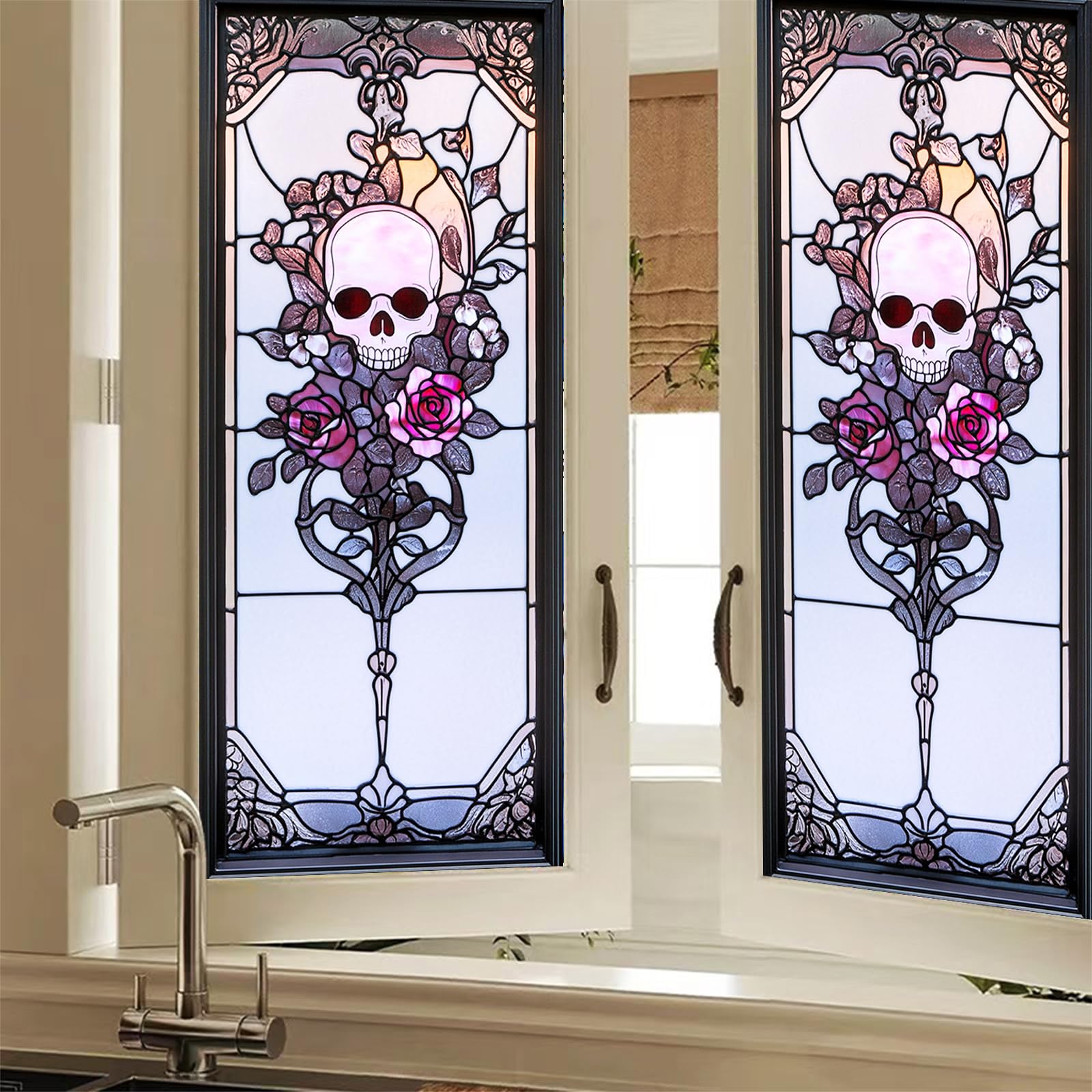 HOMETITUTE Vintage Skull Rose Privacy Window Film Cling 17.7x39.3 PVC