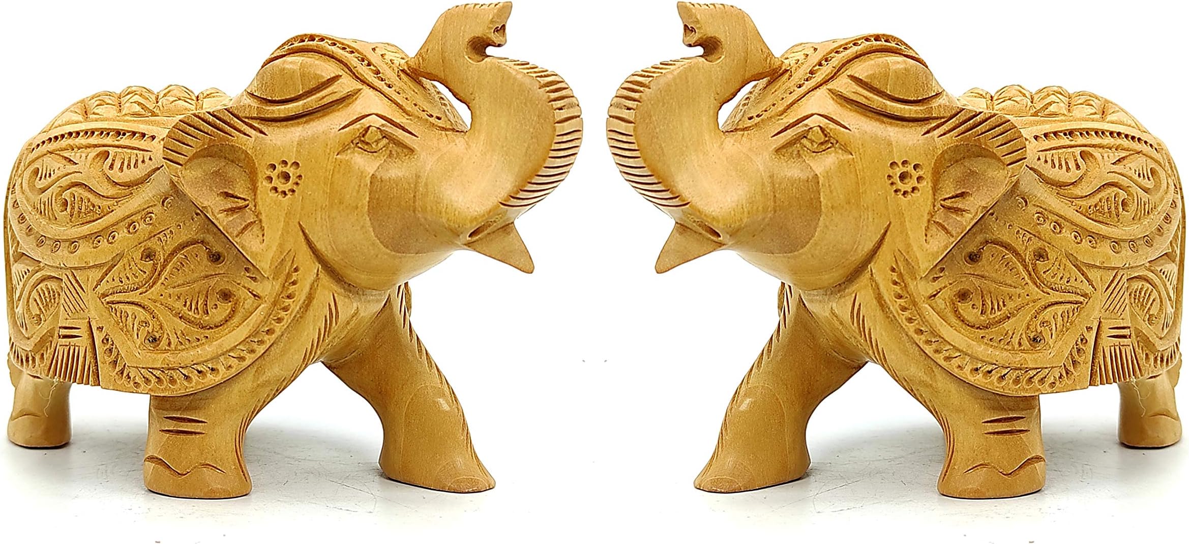 Plus Value Wooden Elephant Pair Up Trunk Rajasthani Handicraft Showpiece Figurine for Home Decor & Gift Vastu Remedies (3-inches)