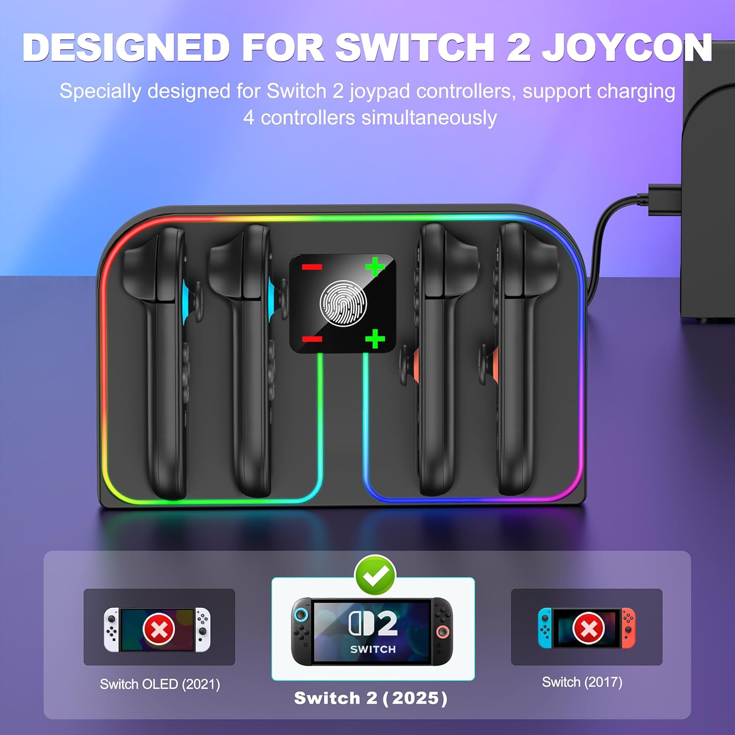 EXTREMECOOL Charging Dock Compatible with Nintendo Switch 2 (2025) for Joycon Controller, 4 in 1 Joypad Charger with Magnetic Design, Switch 2 Joy Con Fast Chagre Stand Station with USB C Cable