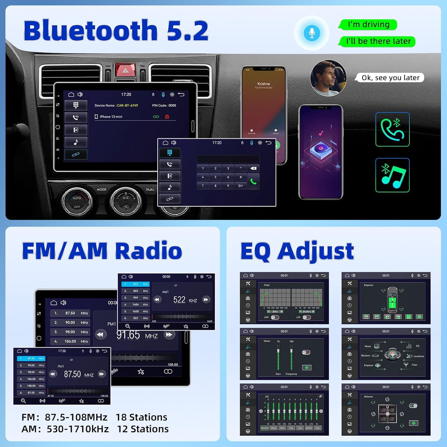 Bluetooth 5.2 connectivity, FM/AM radio interface, and various EQ adjustment settings.
