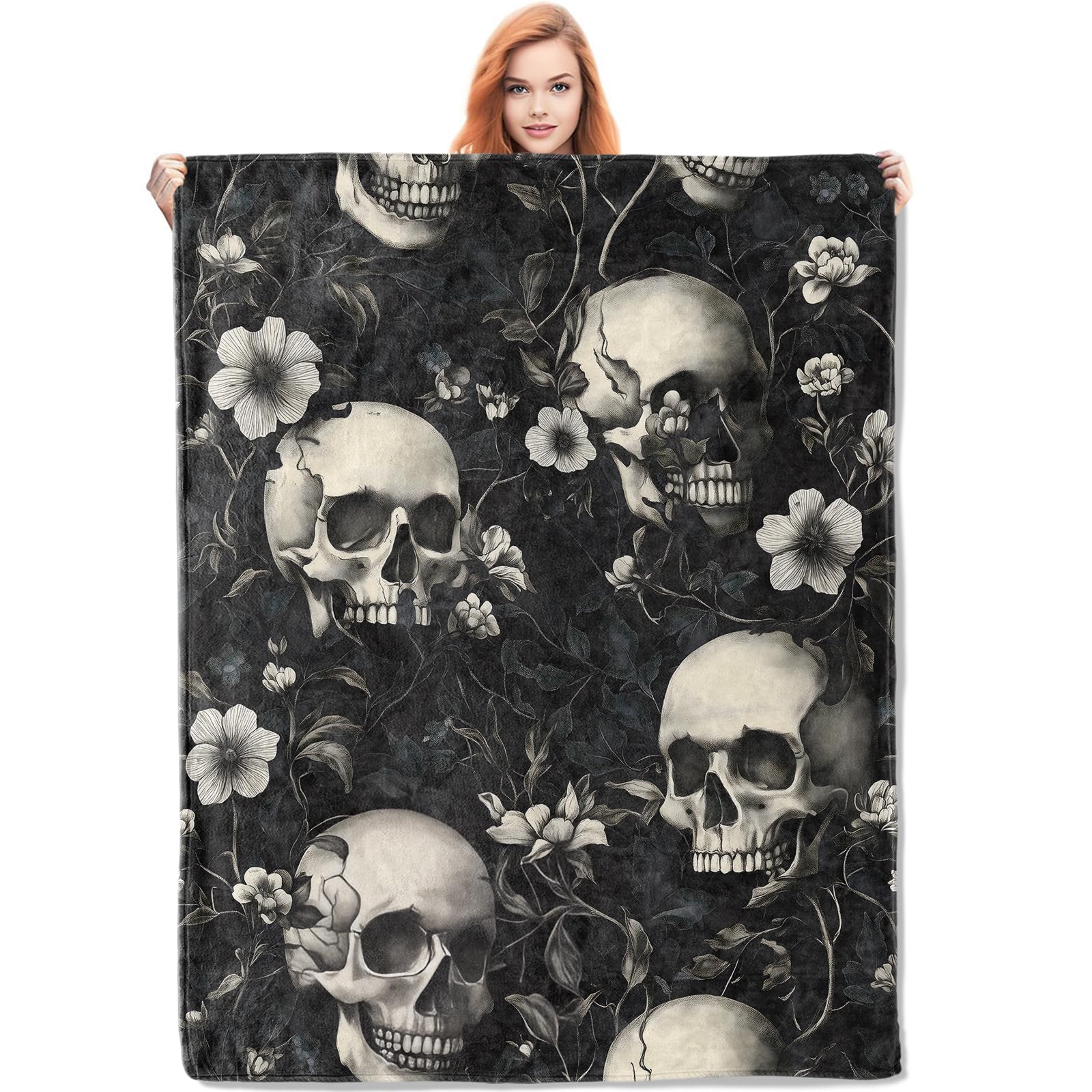VANZEV Skull and Floral Pattern Blanket for Women, Gothic Floral Flannel Blanket, Soft Warm Lightweight Throw Blankets for Bedding Sofa Couch Home