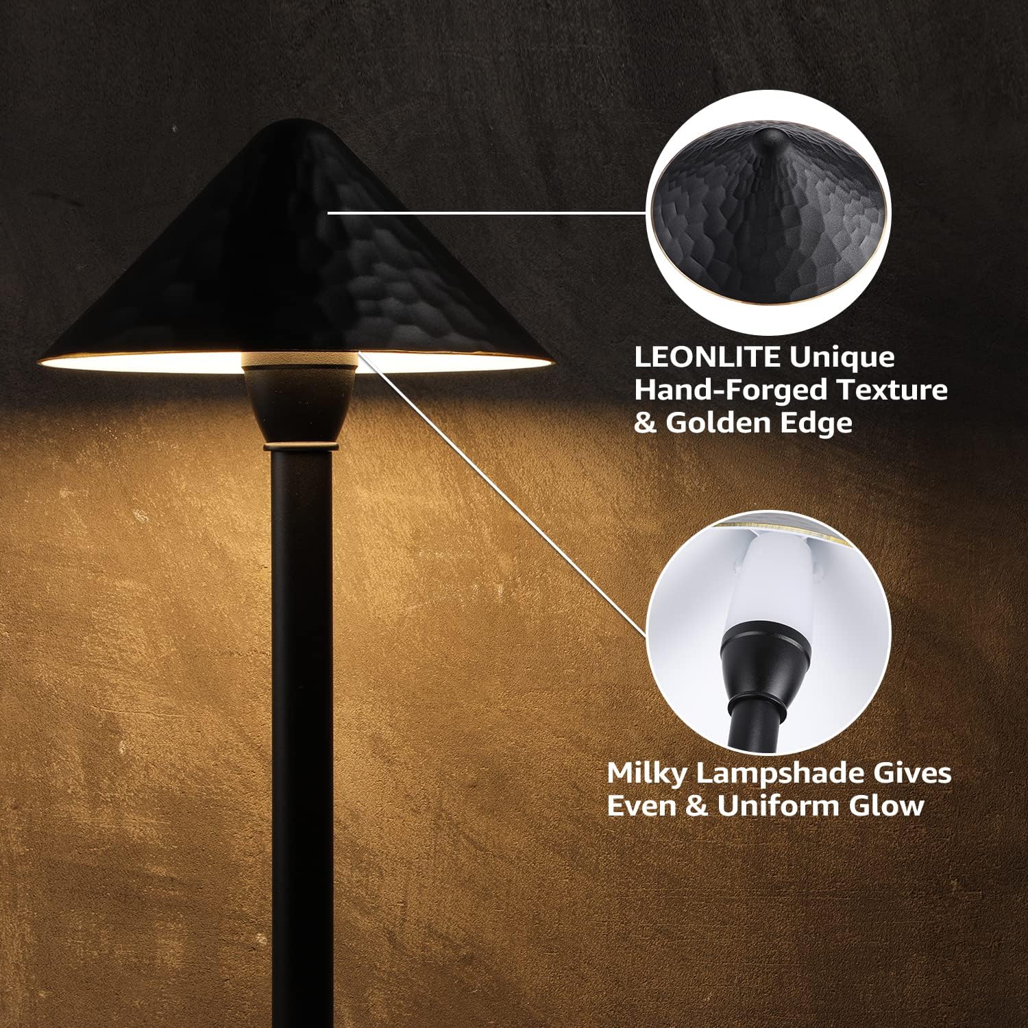 LEONLITE 12-Pack Low Voltage Pathway Lights, 3W 12-24V AC/DC CRI90+ Low Profile LED Landscape Path Lights, Cone Head with Vintage Texture & Vintage Golden Edge, Waterproof, Black Aluminum Housing