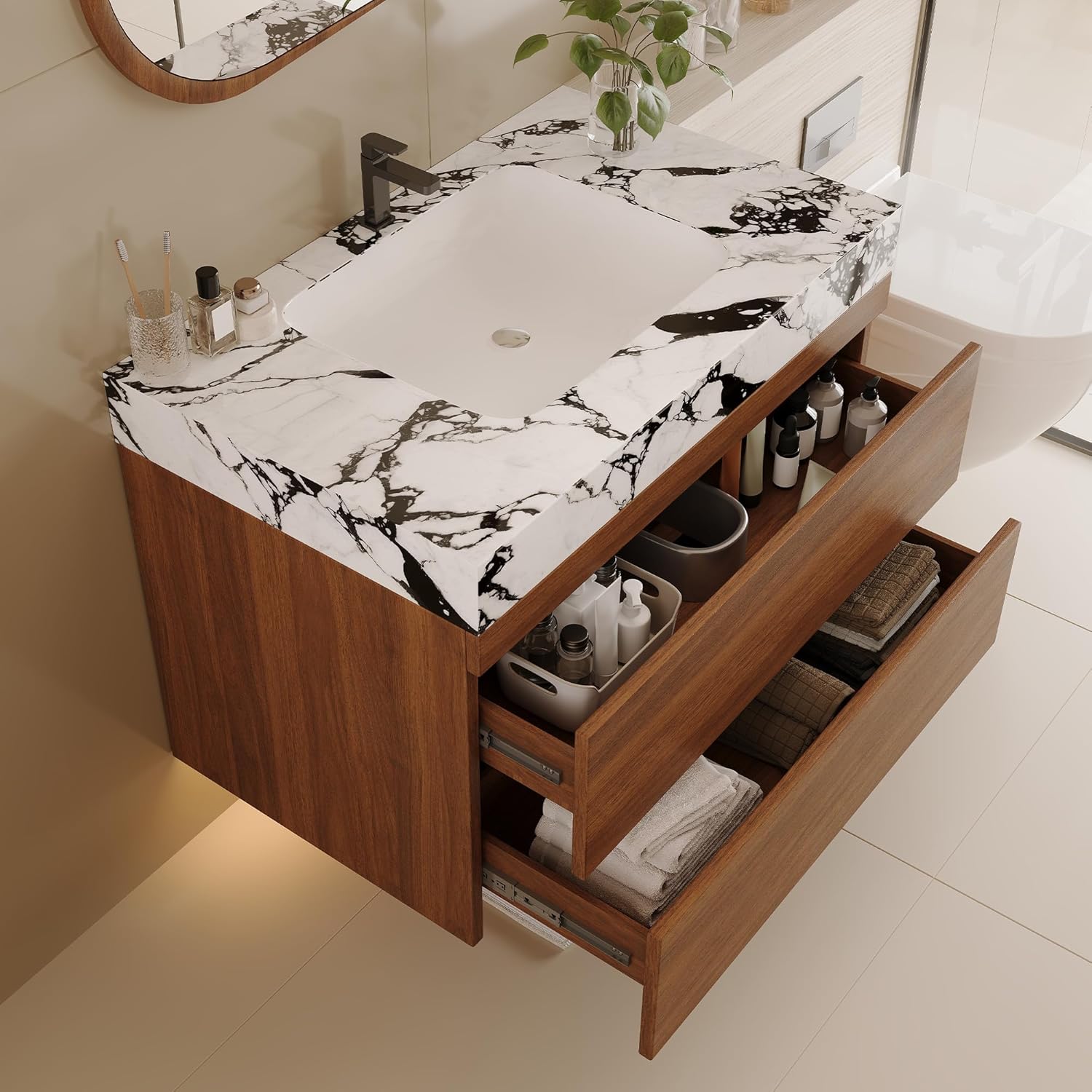 Montary 30" Modern Floating Bathroom Vanity with Faux Marble Top and Ceramic Undermount Sink, Wall-Mounted Bathroom Cabinet with 2 Large Drawers for Small Bathrooms and Apartments