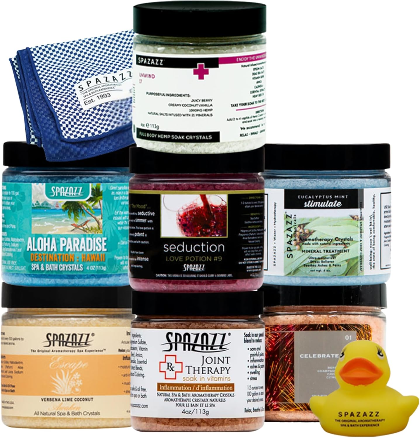 Spazazz Hot Tub Aromatherapy Gift Bundle- Seven- 4 Oz Spazazz Hot Tub Aromatherapy Bath Salt Crystals Sampler Jars Plus Hot/Cold Towel and Rubber Duck – Seven Distinct Scents of Bath and Spa Salts