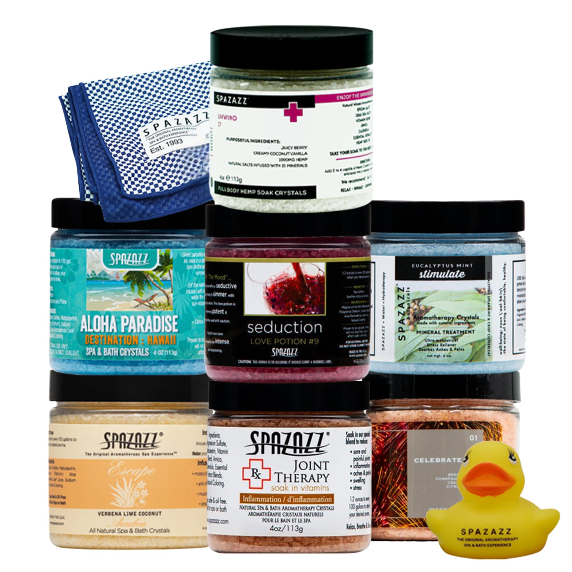 Spazazz Hot Tub Aromatherapy Gift Bundle- Seven- 4 Oz Spazazz Hot Tub Aromatherapy Bath Salt Crystals Sampler Jars Plus Hot/Cold Towel and Rubber Duck