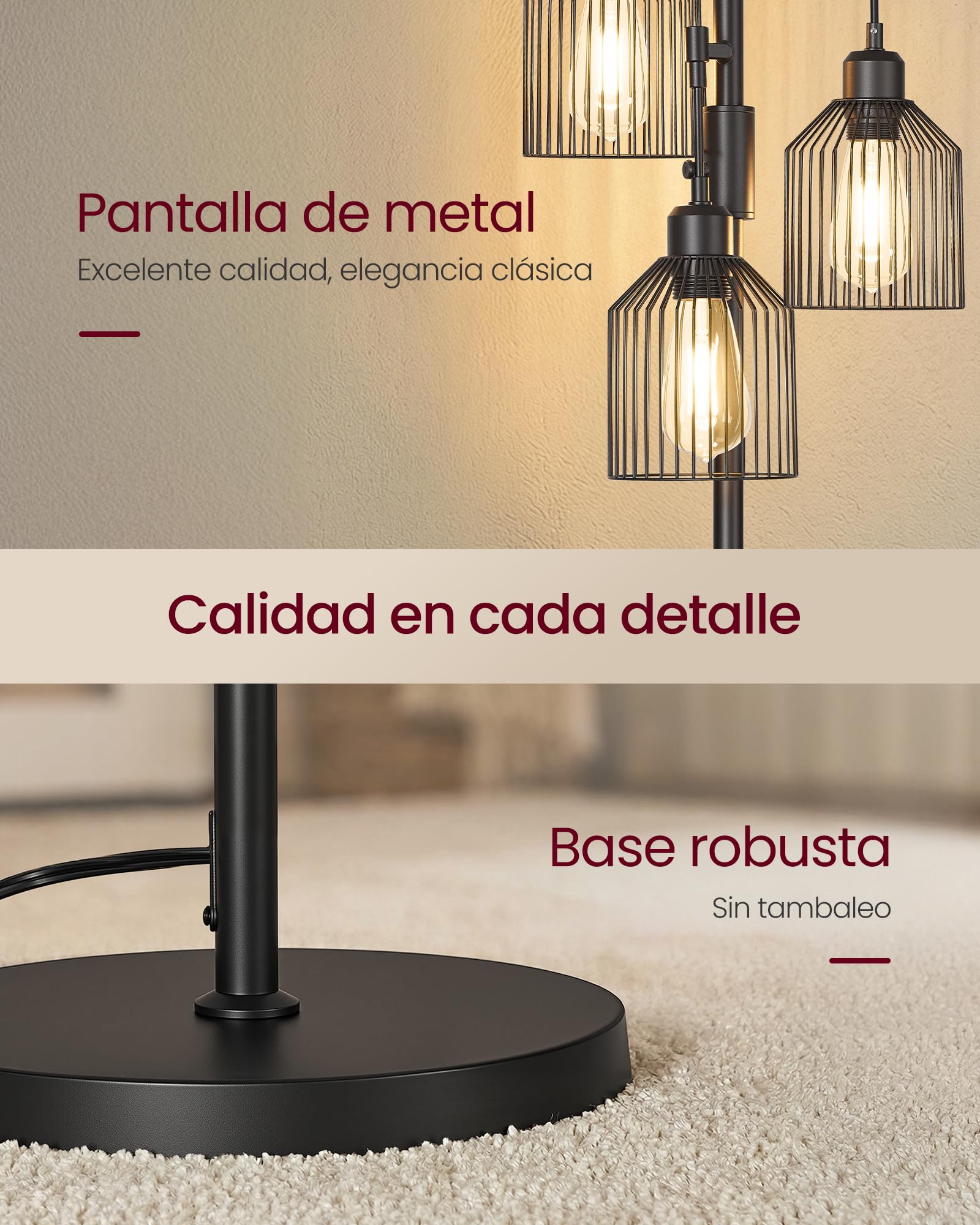 VASAGLE Lámpara de Pie, con 3 Bombillas, Brillo Ajustable, Pantalla de Metal, 3 Casquillos E27, Negro Tinta LFL013BD02