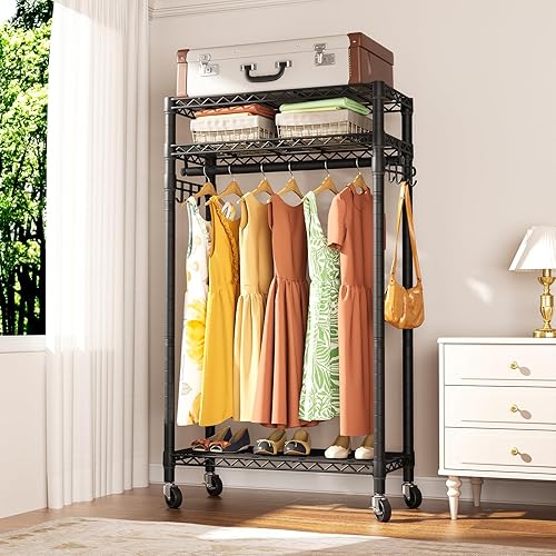 Miniatura 9 de Perchero portátil con ruedas para colgar ropa, perchero de alambre ajustable resistente con cesta y barra de colgador, estante de metal