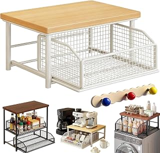 Kitchen Countertop Organizer with Drawer and Wire Basket, 2026 New 2-Tier Hardwood Shelf for Microwave, Sturdy Space-Saving Storage for Coffee Maker, Utensils, Toaster & Spices (1 layer-Nature-White)