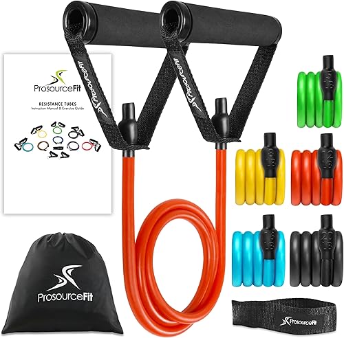 Miniatura 11 de ProsourceFit Single Stackable Resistance Bands with Door Anchor and Exercise Guide, 8-12 LB, Heavy Duty Fitness Tube for Full-Body Exercises and