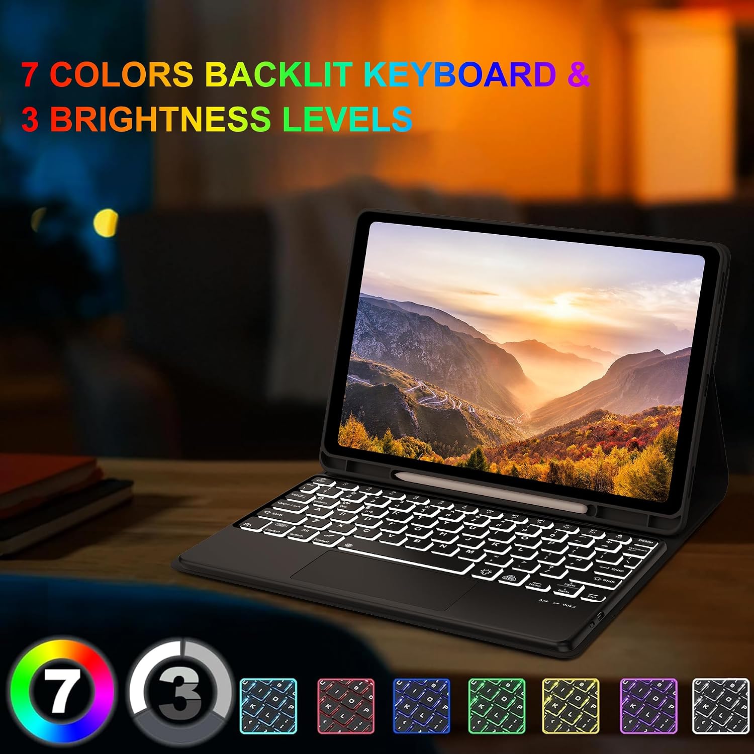 Keyboard Case for Samsung Galaxy Tab S9 FE 5G 10.9 inch/Tab S9 11”, Detachable Bluetooth Keyboard with Multi-Touch Trackpad, 7 Colors RGB Backlit| Smart Folio Protection Case with S Pen Holder Black