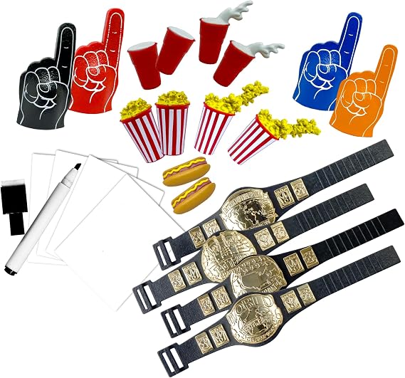 Ultimate Wrestling Crowd Fan Figures Accessory Pack | Energize Wrestling Crowds with 4 Foam Fingers, 4 Popcorn Buckets, 4 Cups, 2 Hot Dogs, 4 Signs and 4 Belts
