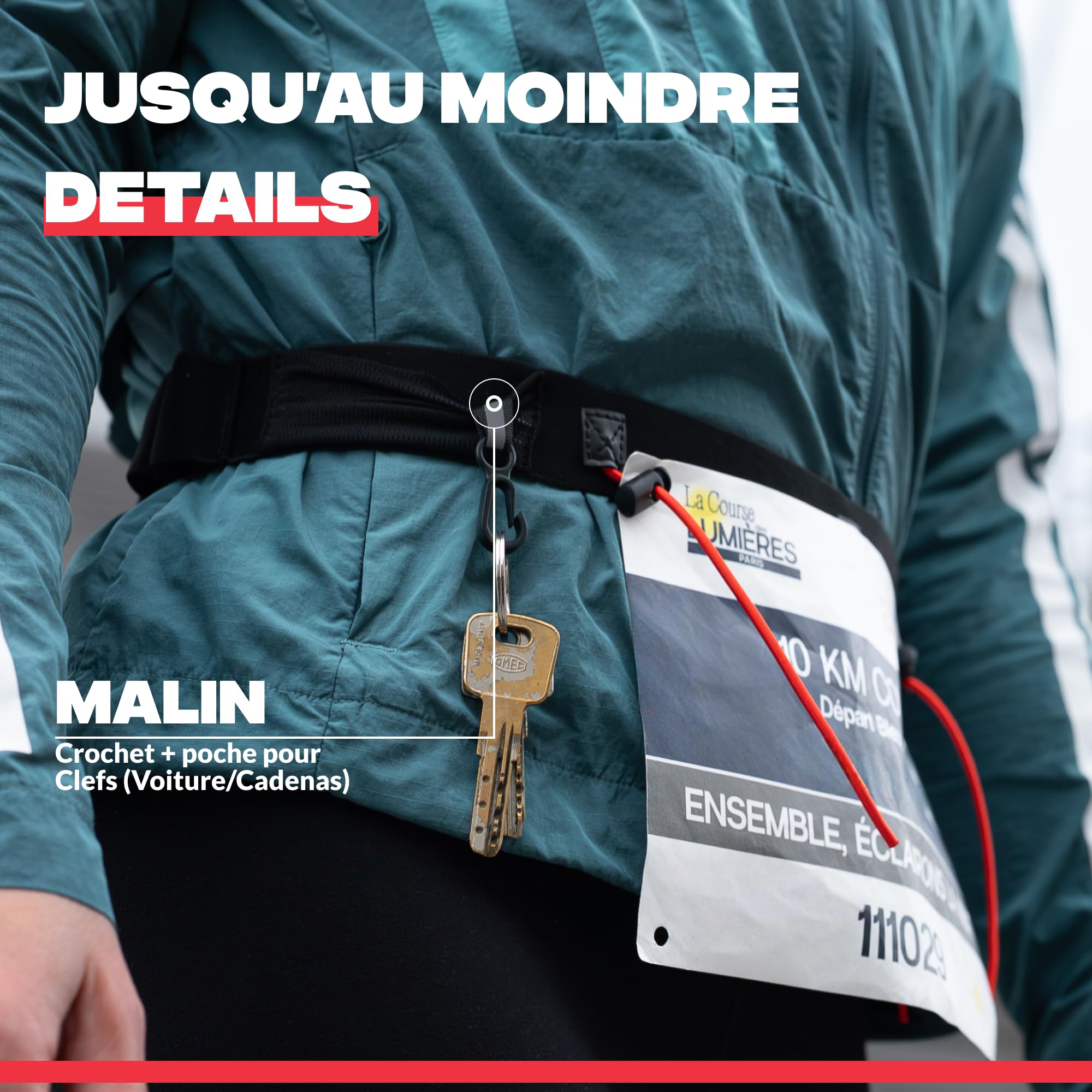 Shapeheart Ceinture Porte Dossard Running - 3 Cordons Réglables, 4 Passants Gels - sans Épingle - Crochet Clés Intégré - Marathon, Triathlon, Trail, Équitation