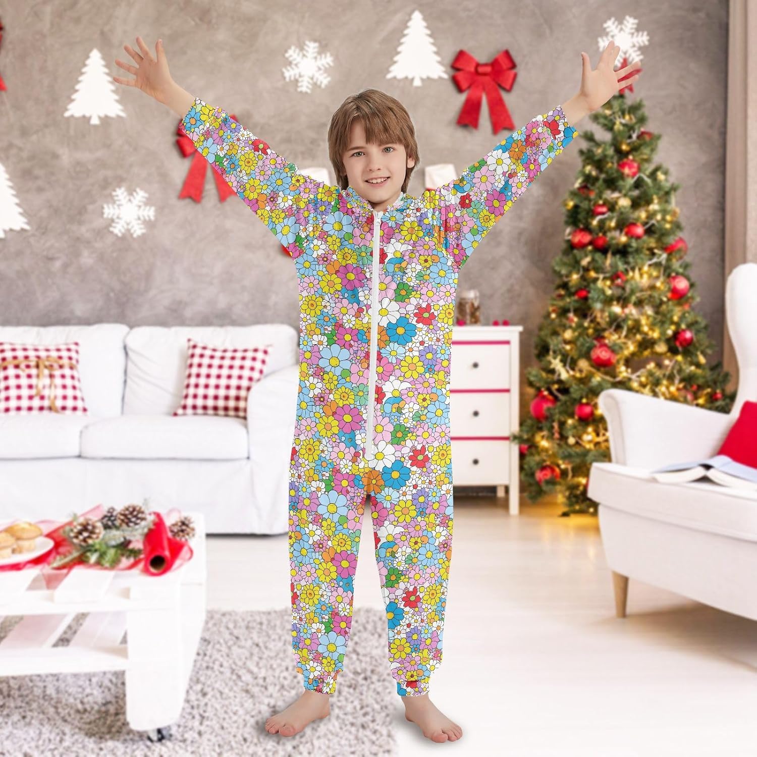 Unisex Pajama Zipper Hooded One-Piecing Sleeper Loungewear for Parties Sleepovers 4-14Y