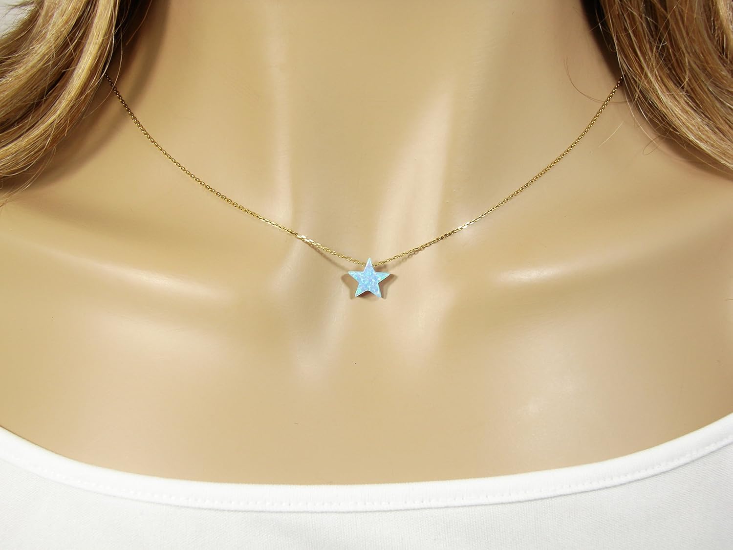 Martinuzzi Accessories Light Blue Opal Star Pendant Necklace Gold Plated Sterling Silver Chain Tiny Star Opal Necklace Gift Box Included