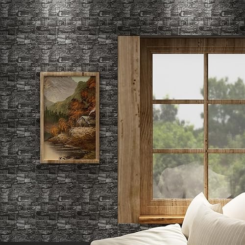 Miniatura 4 de Paneles de pared 3D para despegar y pegar en piedra negra y gris, 10 piezas de papel tapiz 3D de espuma XPE, paneles de pared de ladrillo sintético