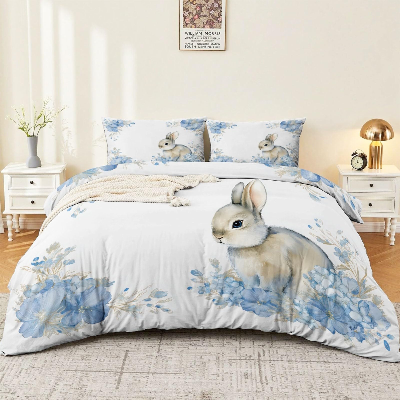 Housse de couette 140x200 animaux lapins beige parure de lit réversible microfibre respirante