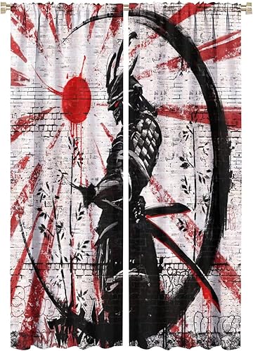 Cortinas opacas de anime japonés Samurai para ventanas, cortinas de pared de ladrillo rojo de ladrillo japonés para niños, sala de estar,