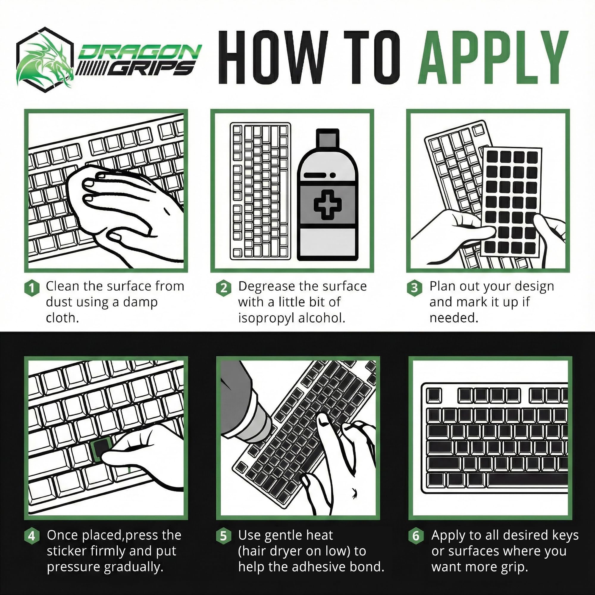 Dragon Grips Juego de 35 empuñaduras de teclado para juegos, calcomanías de goma para teclas y cinta de agarre para mouse, superposiciones antideslizantes transparentes para teclas retroiluminadas RGB