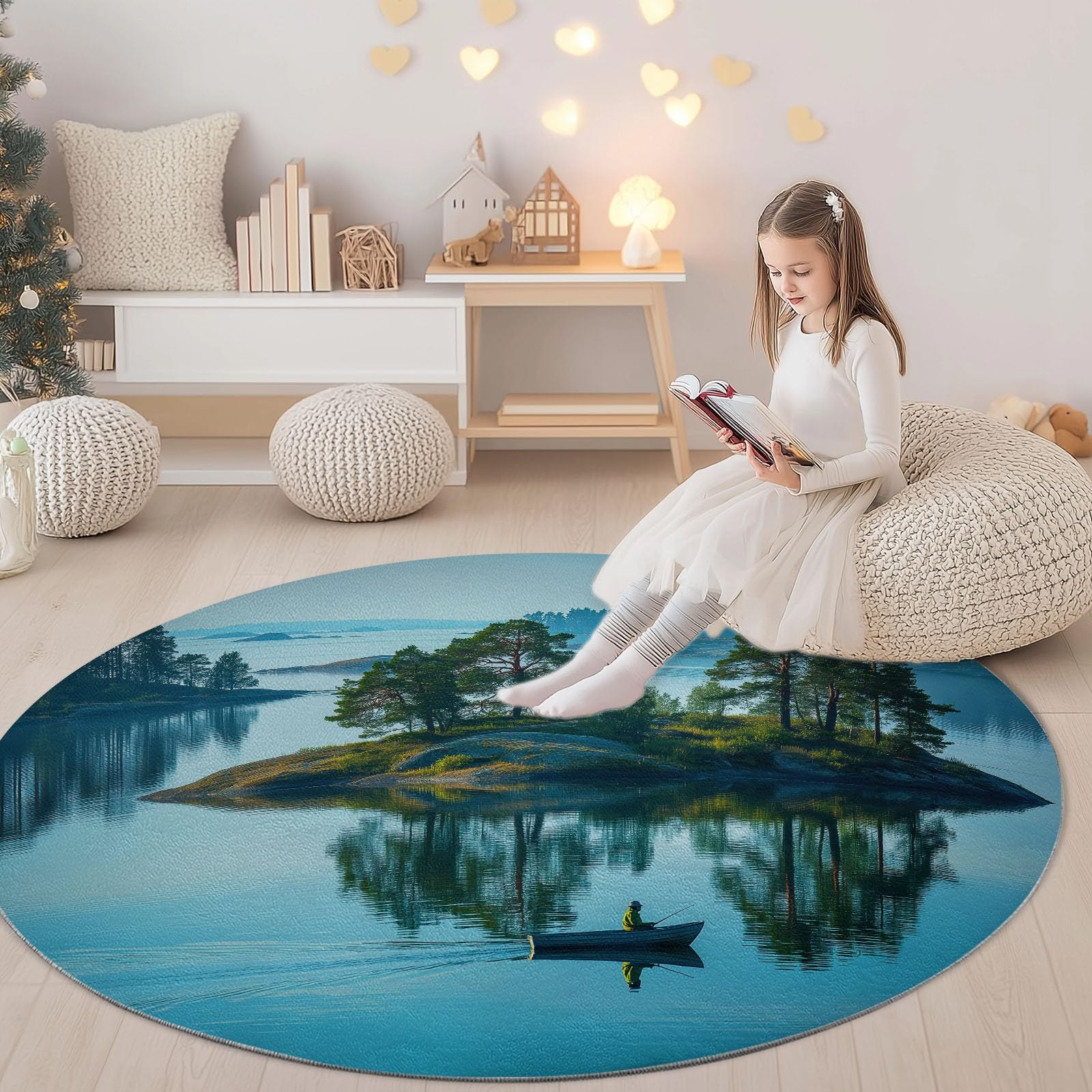 Pescador en una isla aislada alfombra de salón redonda 120 cm alfombra interior, paisaje natural, alfombra antideslizante suave y esponjosa para comedor, dormitorio, sofá o sala de juegos, habitación