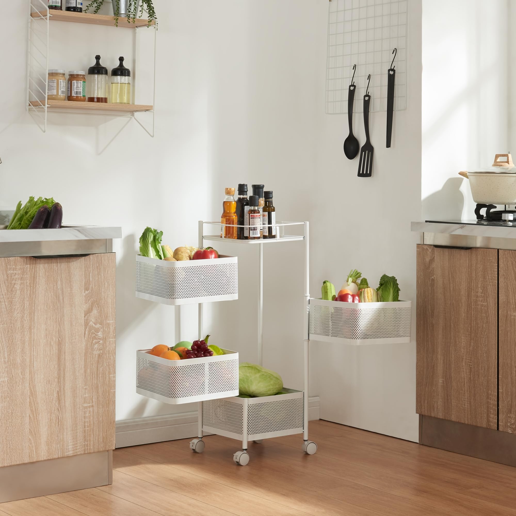 Resserre 4 Paniers Rotatifs Sur Roues En Acier Noir | H 75 Cm X D 30 Cm