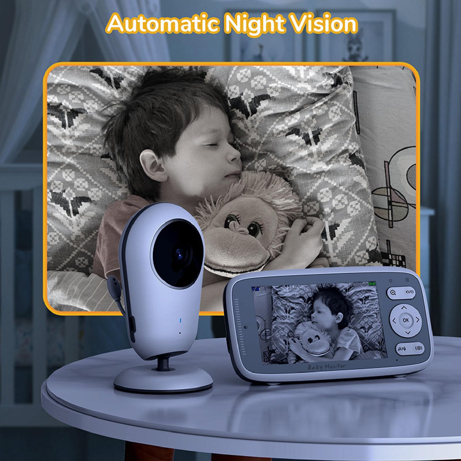 Baby Monitor, Baby Monitor Video con Schermo da 4 Pollici con Fotocamera e Audio, Supporto Visione Notturna, Senza WiFi, Audio Bidirezionale, Ninne Nanne, Temperatura (Spina