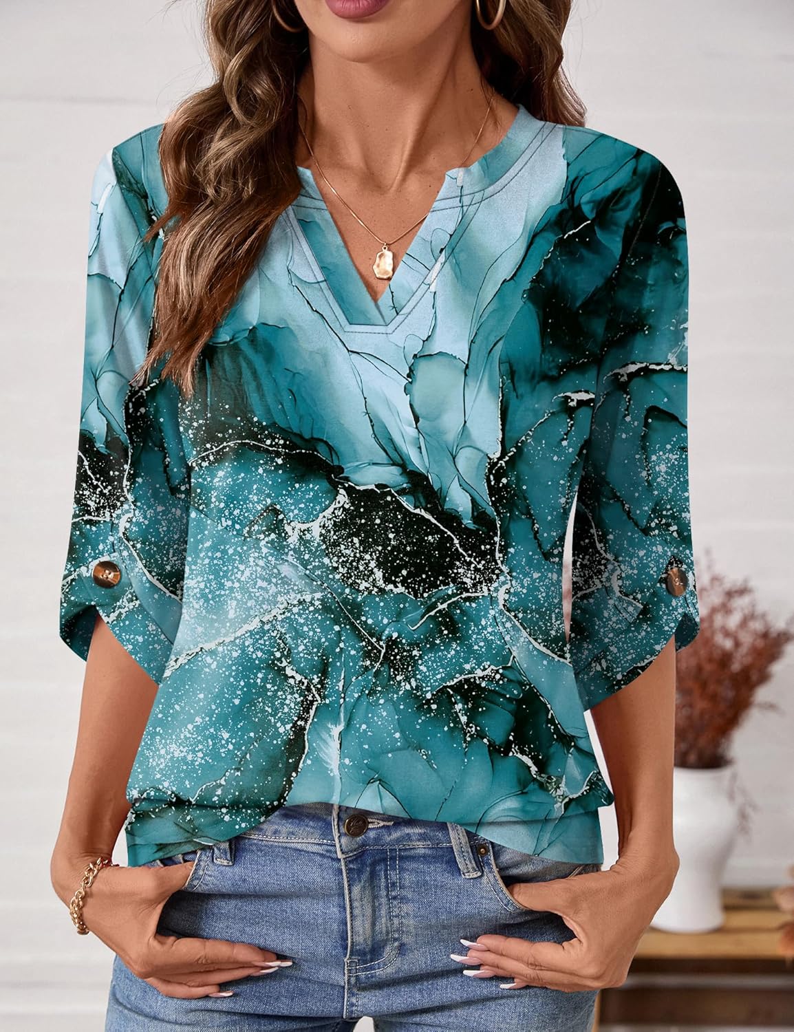 Kistore Womens 3/4 Length Sleeve Tunic Tops Casual V Neck Shirts Business Work Blouses Trendy Flowy Tees - Image 3