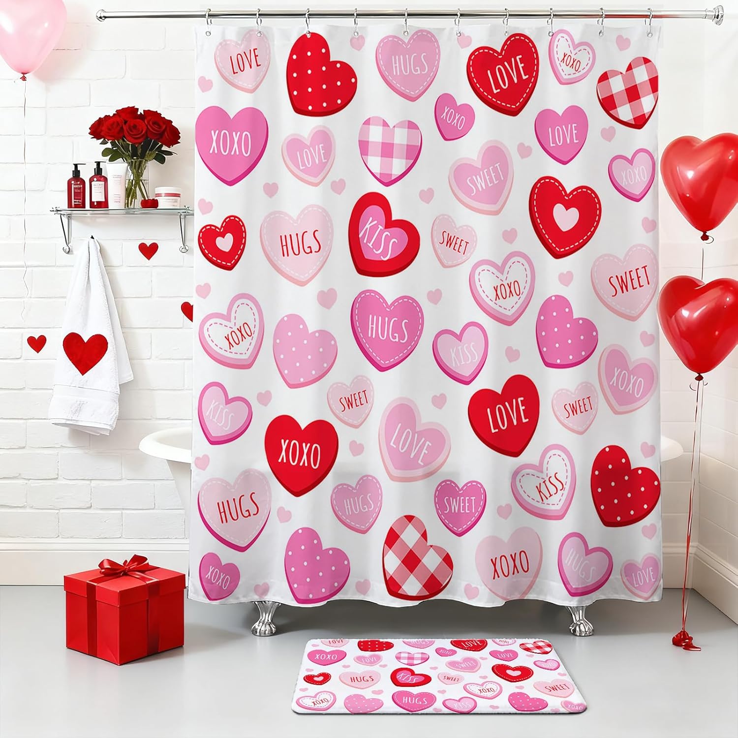 Valentines Shower Curtain Set Cute Love Pink Hearts Shower Curtain for Valentines Decor Sweetheart Bathroom Set with Non-Slip Washable Bath Rugs, Toilet Lid Cover (Pink, 72"W x 72"L (Pack of 1))