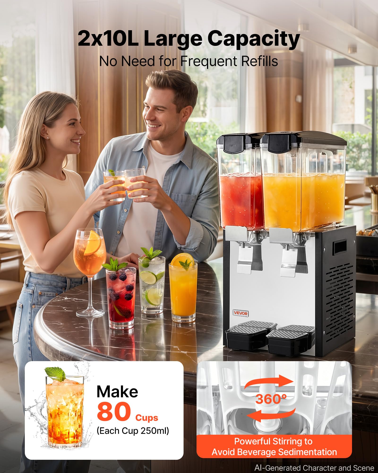 VEVOR Distributeur de Boissons Réfrigérées 2x10 L Fontaine à Jus de Fruits