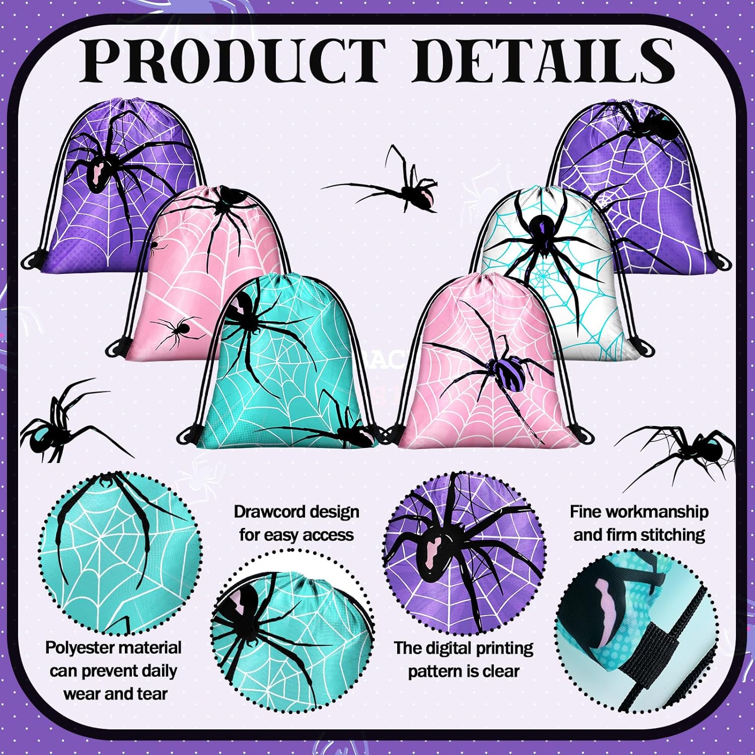 Lothee 30 Pcs Spider Party Favor Bags Spider Drawstring Bag Birthday Party Decorations Gift Treat Goodie Candy Backpack (Elegant Style) - Image 4