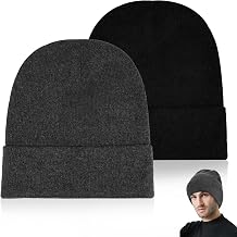 2 Pack Unisex Beanie for Men Women, Slouchy Cuffed Winter Beanie Hats, Soft Warm Knit Beanies Skull Cap Ski Hats- Black, Gray