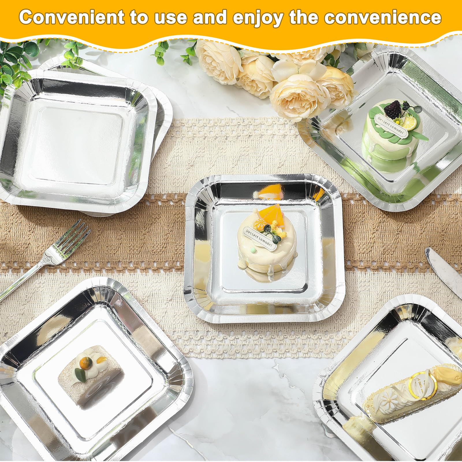 Dandat Confezione da 100 piatti quadrati di carta usa e getta da 17,8 cm, per antipasti, torte, usa e getta, in lamina metallica, per dessert, per laurea, compleanno, matrimonio, anniversario, feste