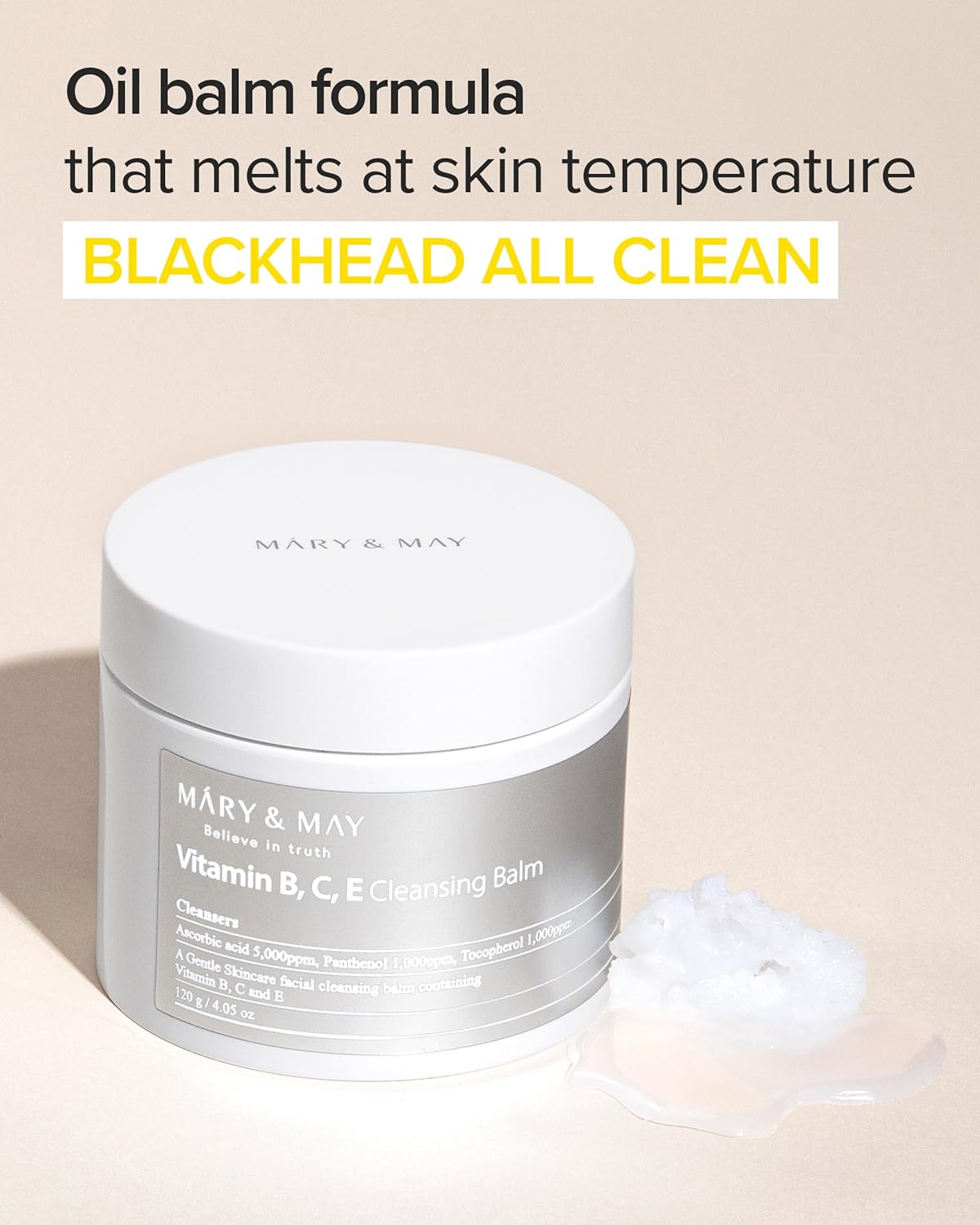 Mary&May Vitamin B, C, E Cleansing Balm - Oil Balm Gentle Makeup Remover and Skin Purifier for Glowing, Clear Skin - Hypoallergenic and Cruelty-Free, EWG ingredients, 4.06oz.