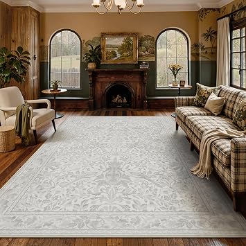 Lahome Bird Washable Rugs 8x10, Soft Beige Rugs for Living Room Bedroom, Botanical Non-Slip Ultra-Thin Large Vintage Throw Carpet for Dining Room Office, Beige