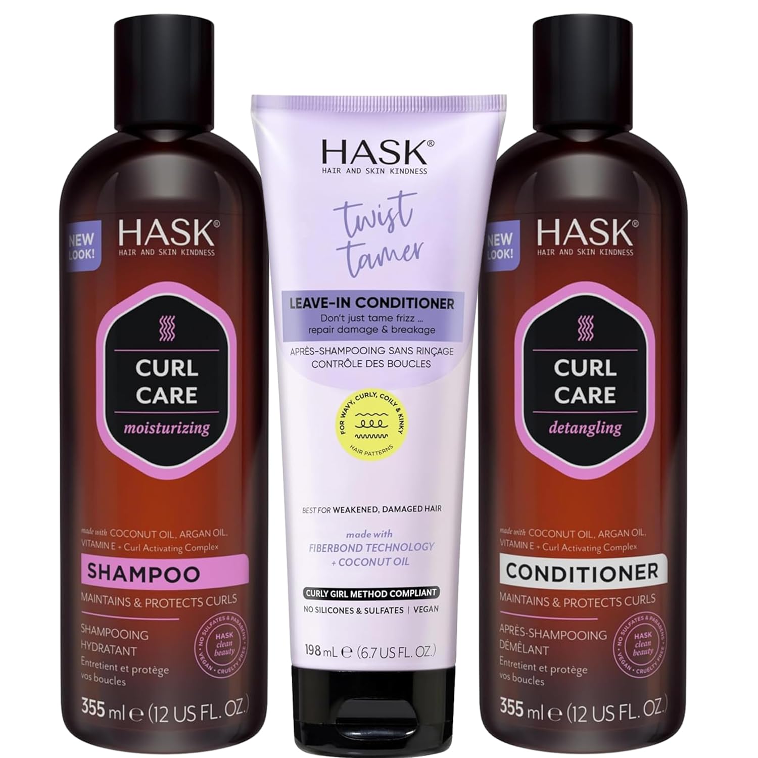 HASK Curl Care Bundle – Coconut & Argan Oil Shampoo + Conditioner Set with Twist Tamer Leave-In Conditioner
