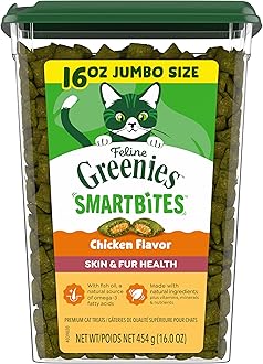 FELINE GREENIES SMARTBITES Skin & Fur Health Crunchy and Soft Textured Adult Natural Cat Treats, Chicken Flavor, 16 oz. Tub