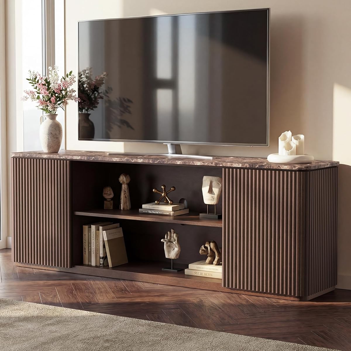 70" TV Stand, Modern Entertainment Center for TVs Up to 80", Fluted TV Console with Storage, Adjustable Shelves, Faux Marble Top, Curved Profile Design, Wood Media Console for Living Room, Dark Oak