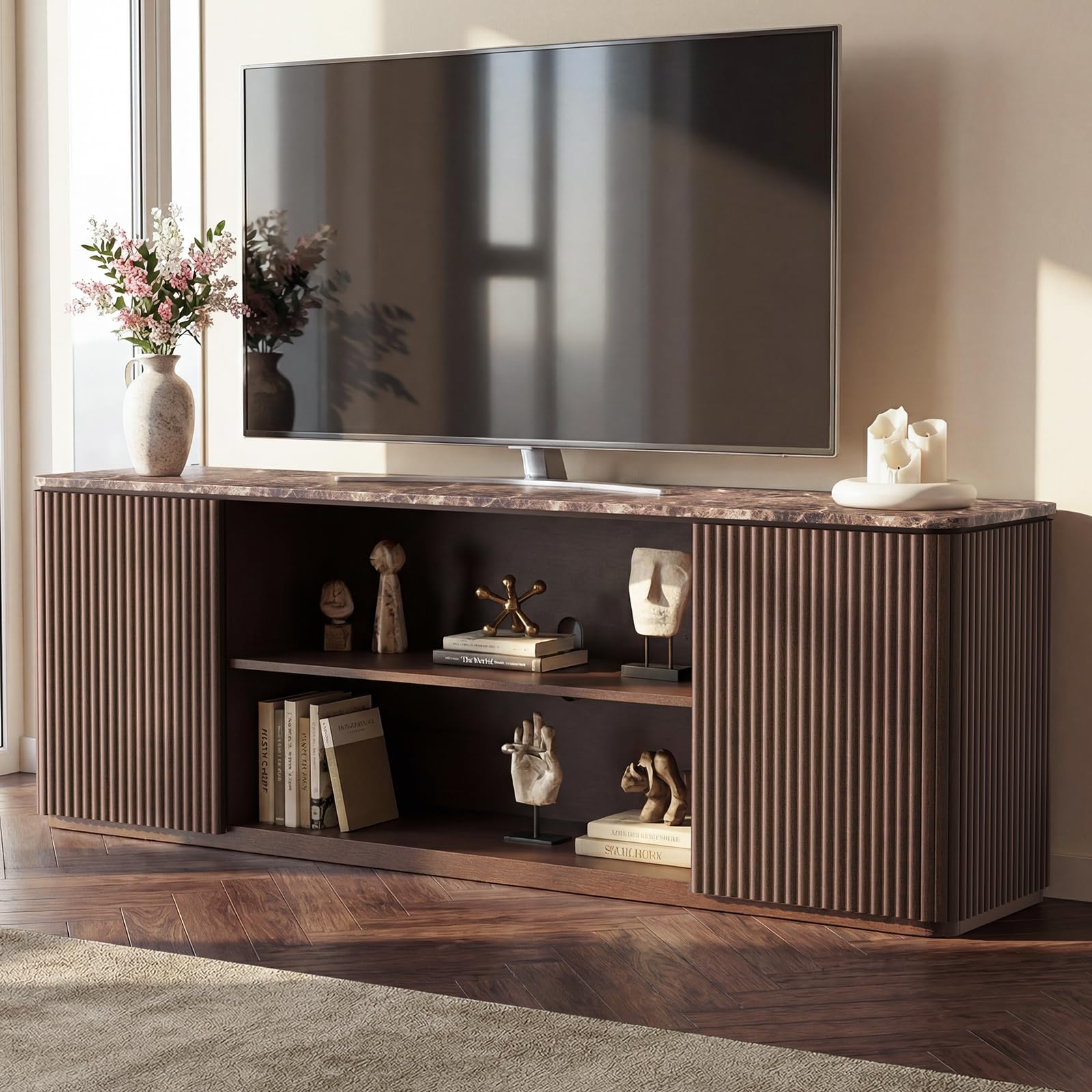 Modern Fluted Media Console with Marble Top