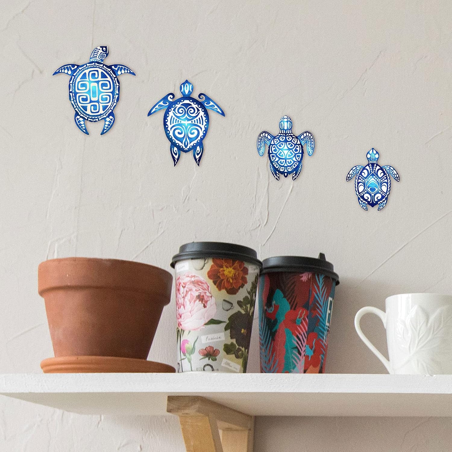 4 Pieces Ocean Voyage Wall Sign Sea Turtle Beach Theme Wooden Plaque Sea Turtle Farmhouse Rustic Wall Decorations for Home Wall Bathroom Decor Blue