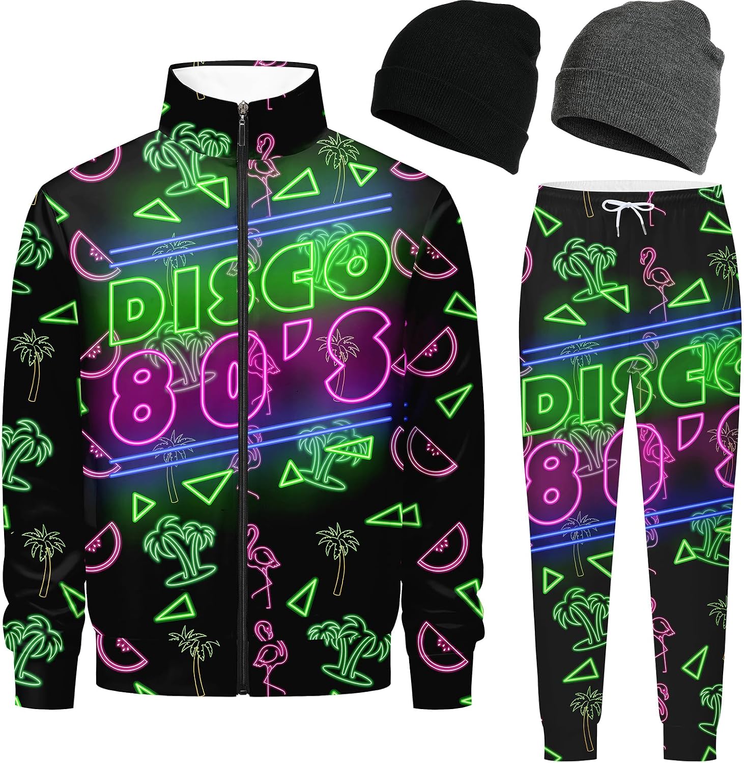 Retro 90s 80s outfit for men tracksuits sweatsuits for men Jogging set Warm Up Zip with 2 Knit Beanie hat