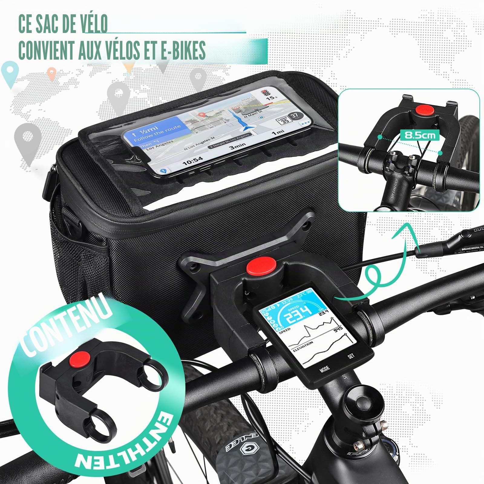 HASAGEI Sacoche Velo,Sacoche Guidon Velo,5 l,étanche,Sacoche vélo,avec Adaptateur de Guidon pour vélo,Noir