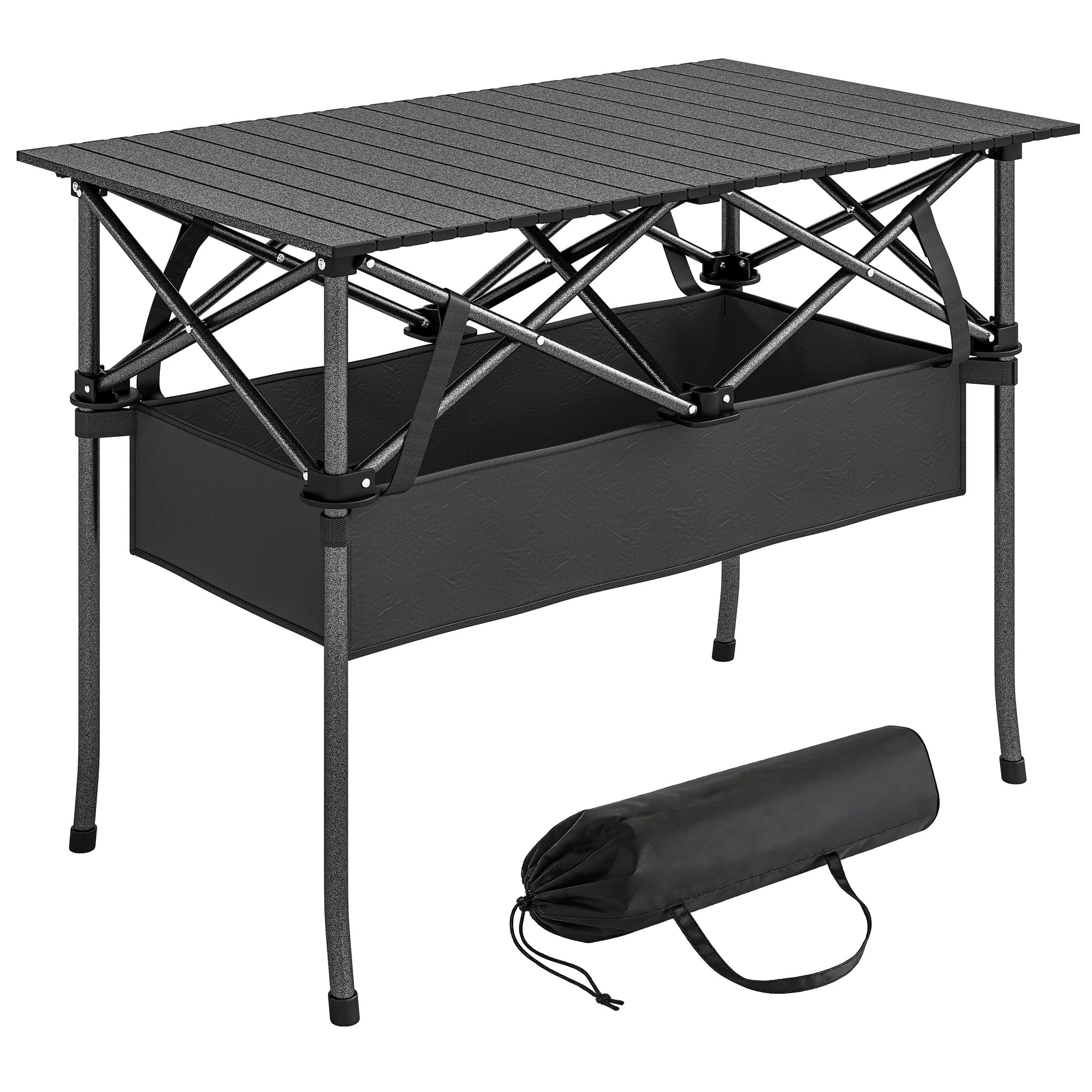 Outsunny Tavolo da Picnic Pieghevole 93cm con Rete Portaoggetti e Borsa, Struttura in Metallo, Nero