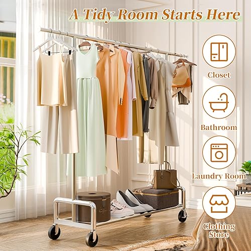 Miniatura 5 de Simple Trending - Perchero resistente de ropa con ruedas para colgar, organizador de ropa rodante de metal con capacidad de carga de 500 LBS, cromado