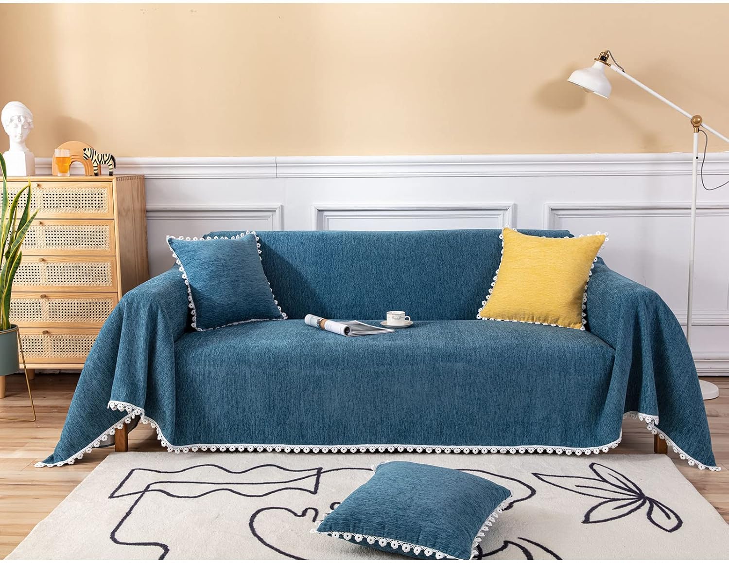 Sofa Covers for 2 3 Cushion Couch Cover, Sofa Slipcovers Loveseat Recliner Sofa Throw Blankets with Lace Tassel Furniture Protector Cover for Pets Kids,Cats,Dogs (Blue 180x380cm(71x150in))