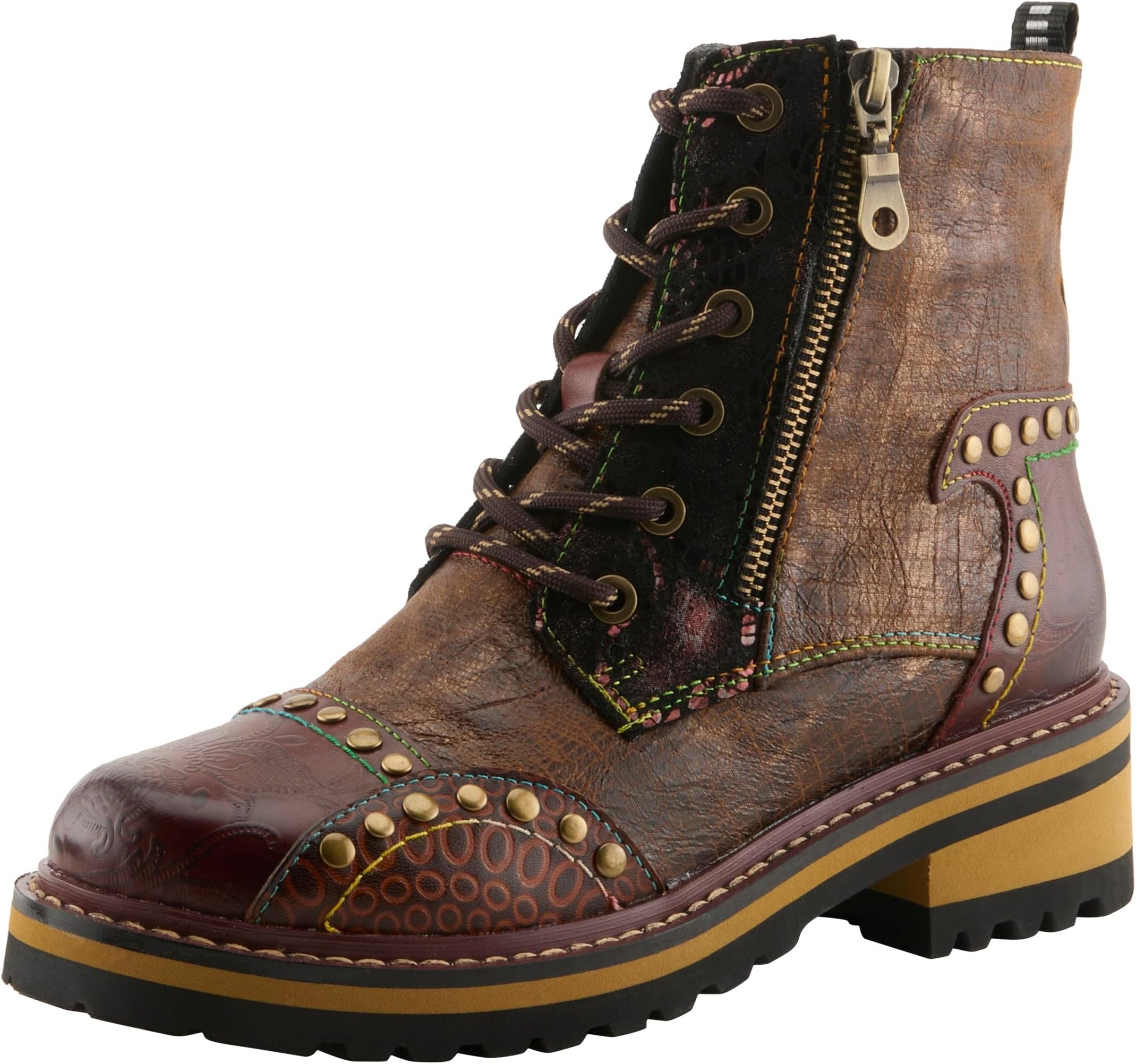L'Artiste Rugup Leather Combination Booties for Women | Low Heel Ankle Boots for Women with Lace Up and Zipper Closure and Faux Fur Lining