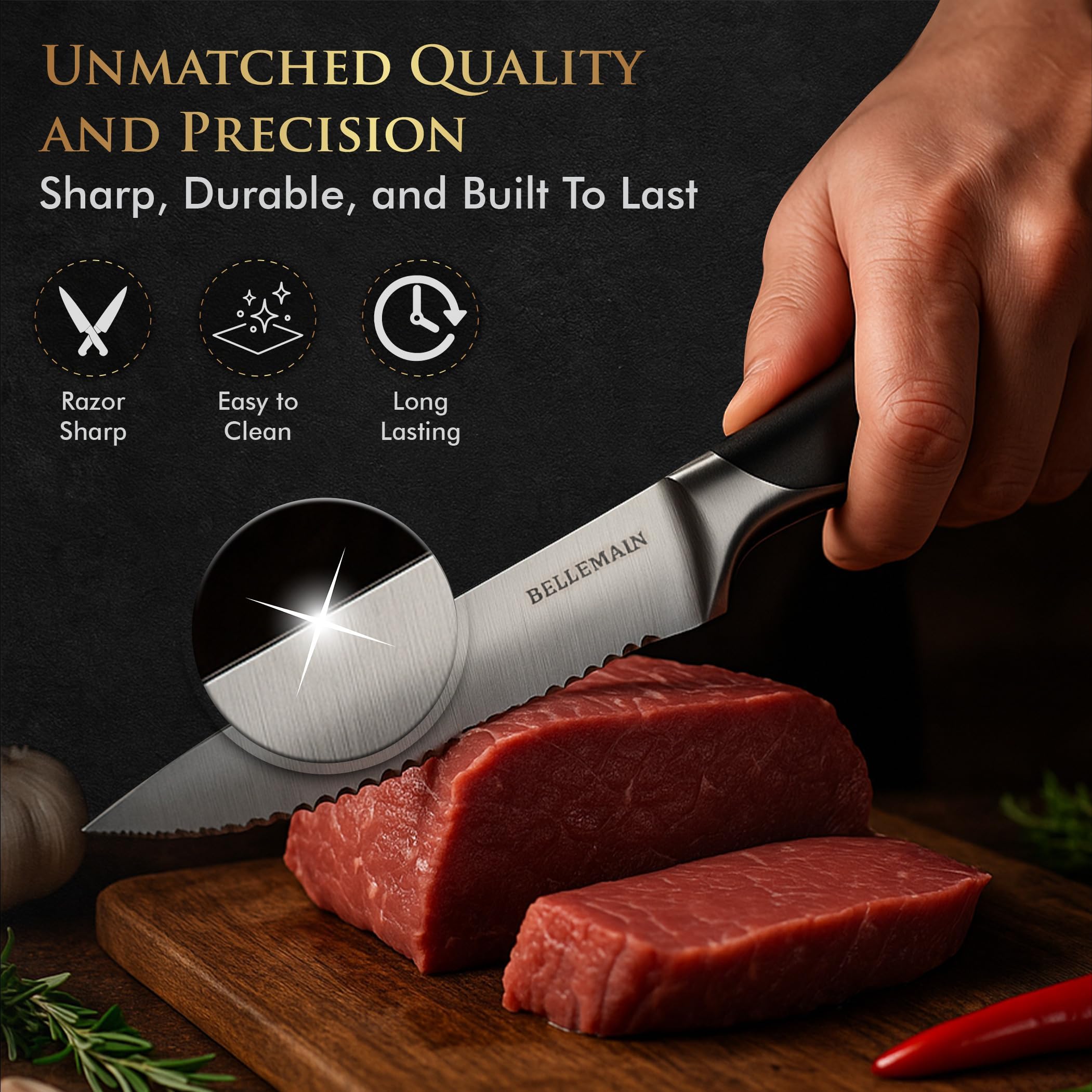 Bellemain Steak Knife Set of 8, Serrated Stainless Steel, Dishwasher Safe — Amazon image 3