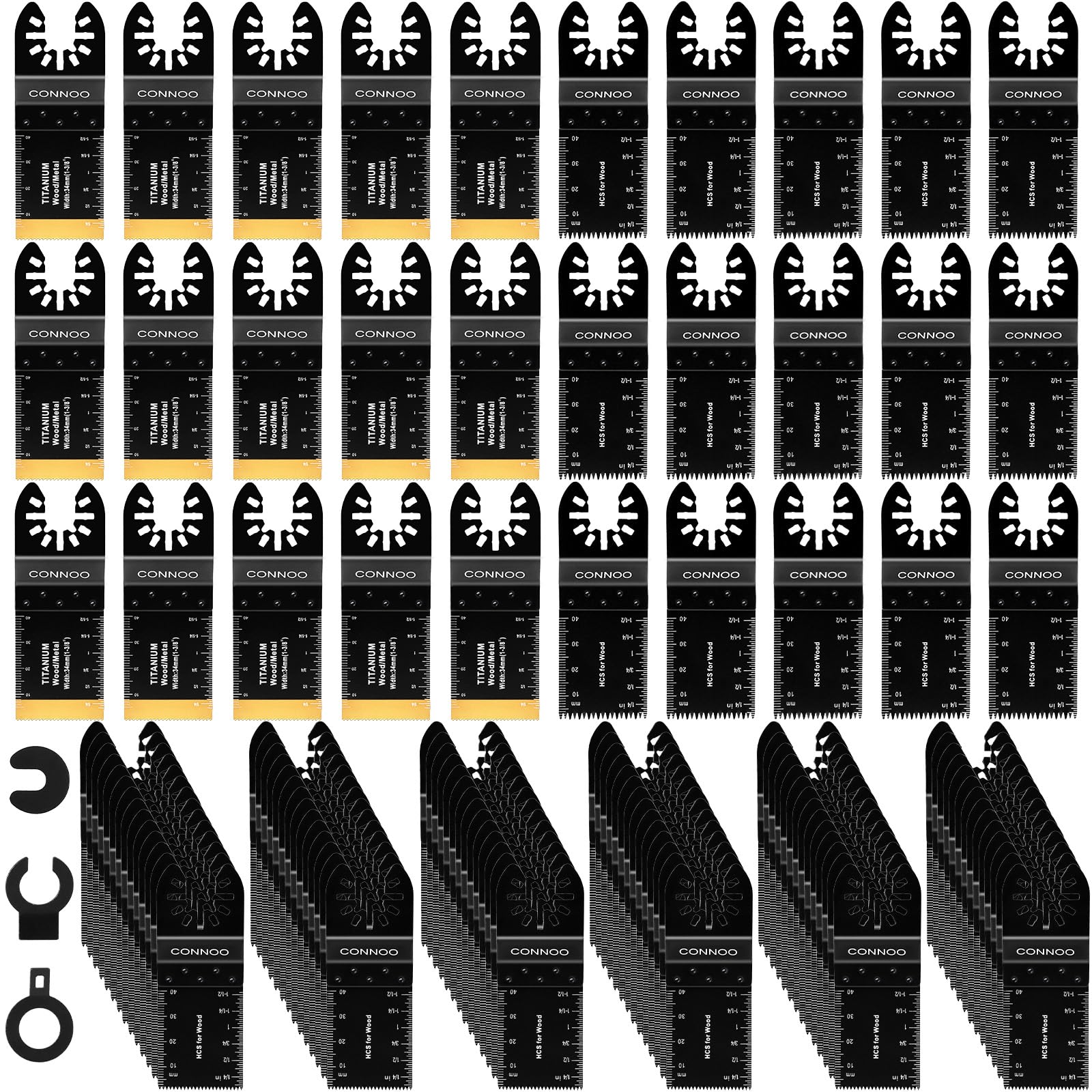 CONNOO 120 Pack Oscillating Saw Blades, Multitool Oscillating Tool Blades for Wood Metal Plastics, Japanese Long Teeth, Quick Release Multi Tool