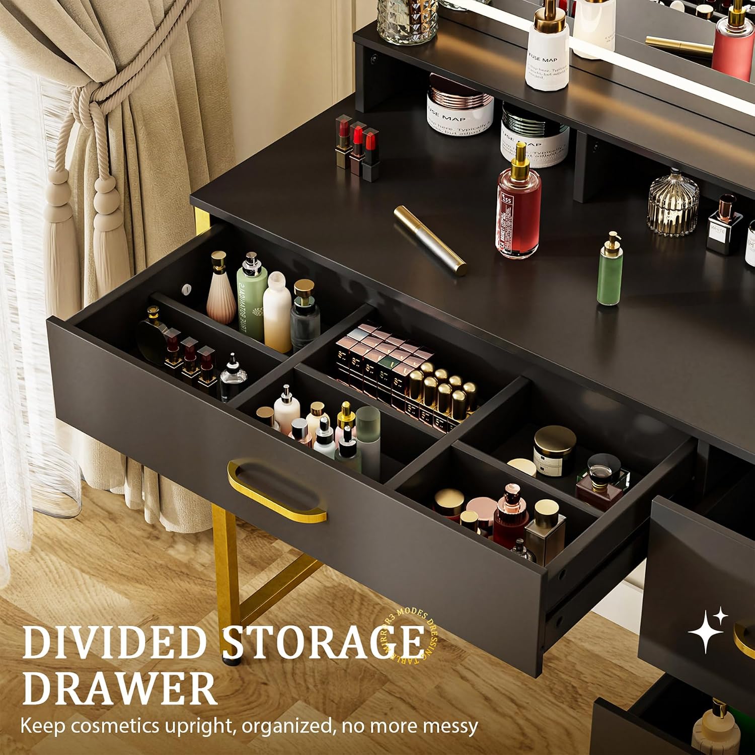 COMHOMA Vanity Desk with Mirror and Lights, Makeup Vanity Table with 4 Drawers & Storage Shelves, Large HD Mirror, 3 Color Modes & Adjustable Brightness, Modern Dressing Table for Bedroom, Black