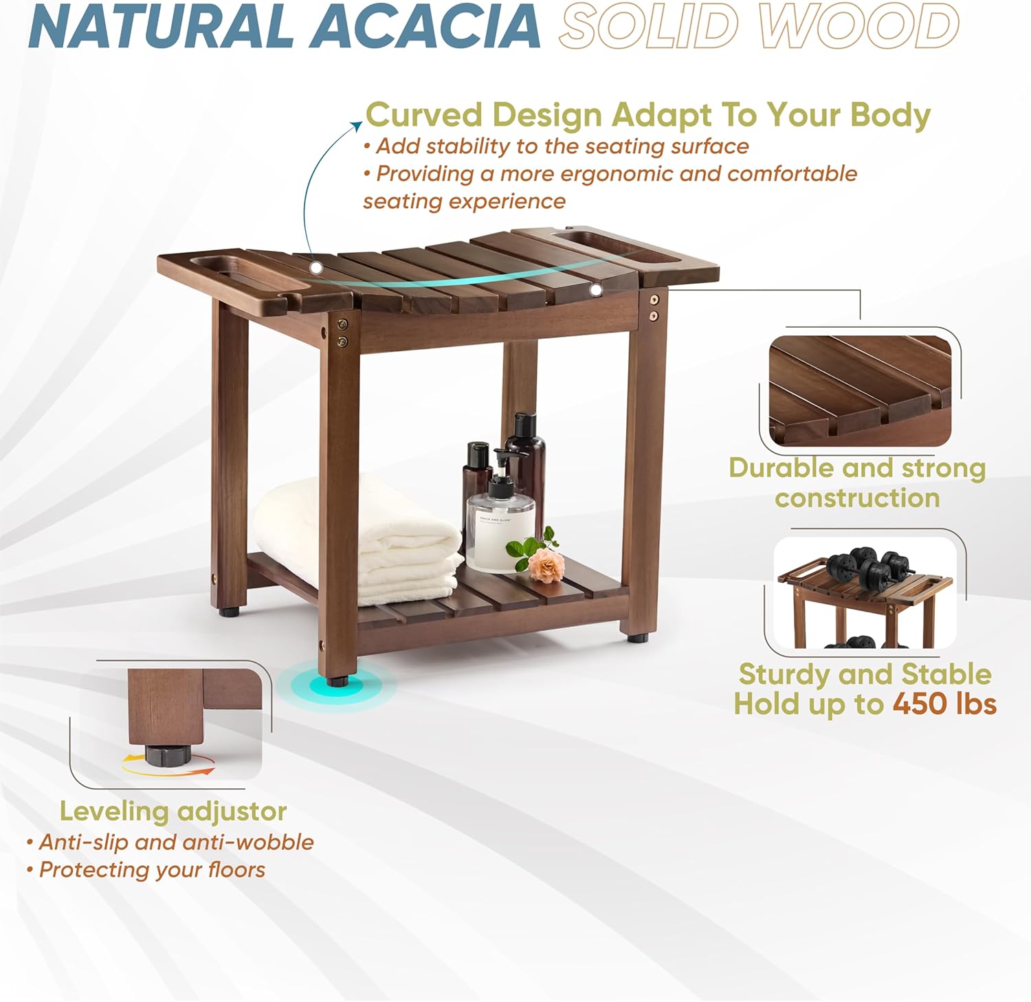 Shower Bench Stool with Storage Shelf, Wooden Seat Stool for Bathroom, Bathroom Bench Seat for Adults (2 Tier - Walnut)