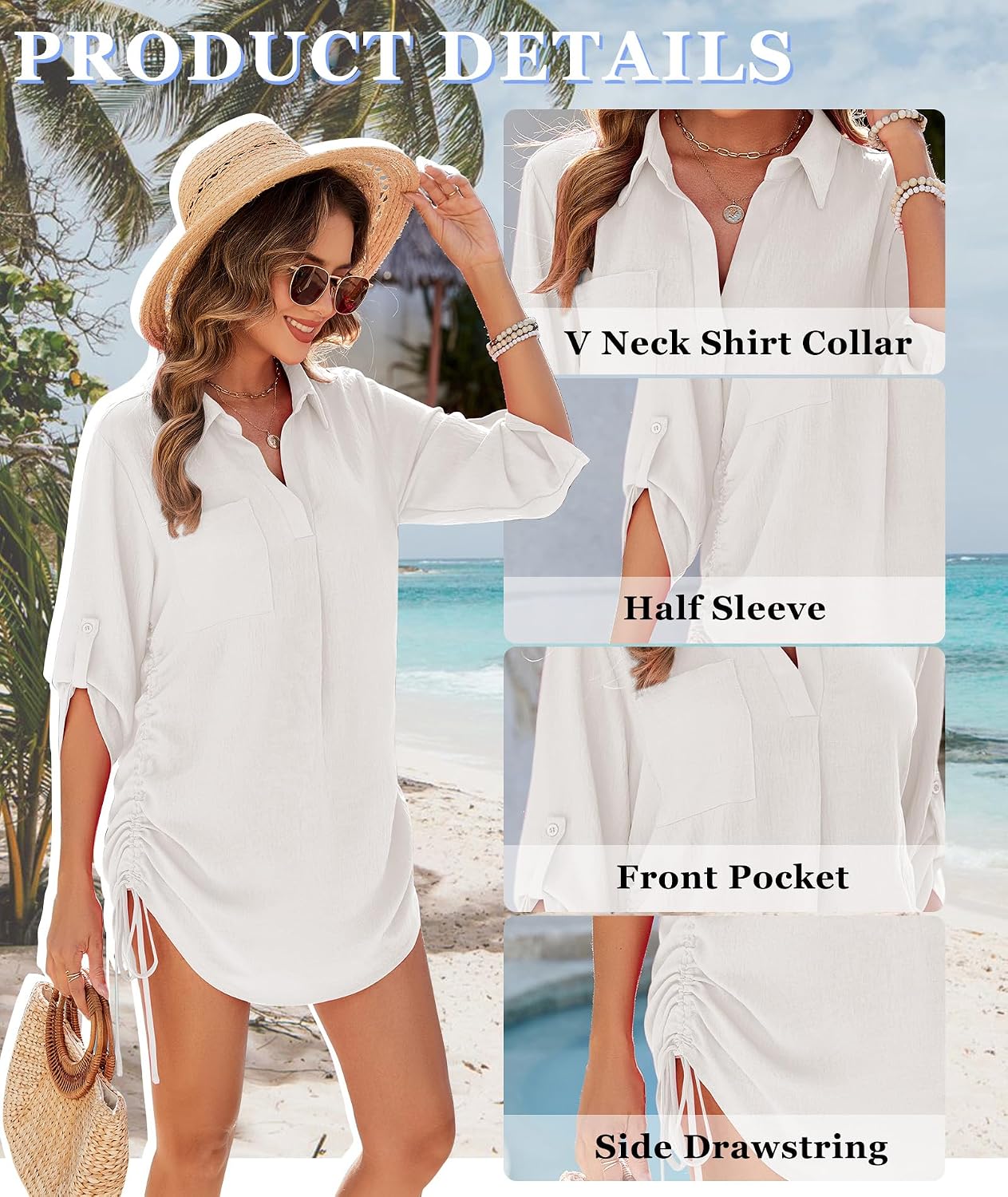 Urchics Swimsuit Coverup for Women 2025 Drawstring V Neck Bikini Swimwear Beach Cover Up Beach Shirt Dress